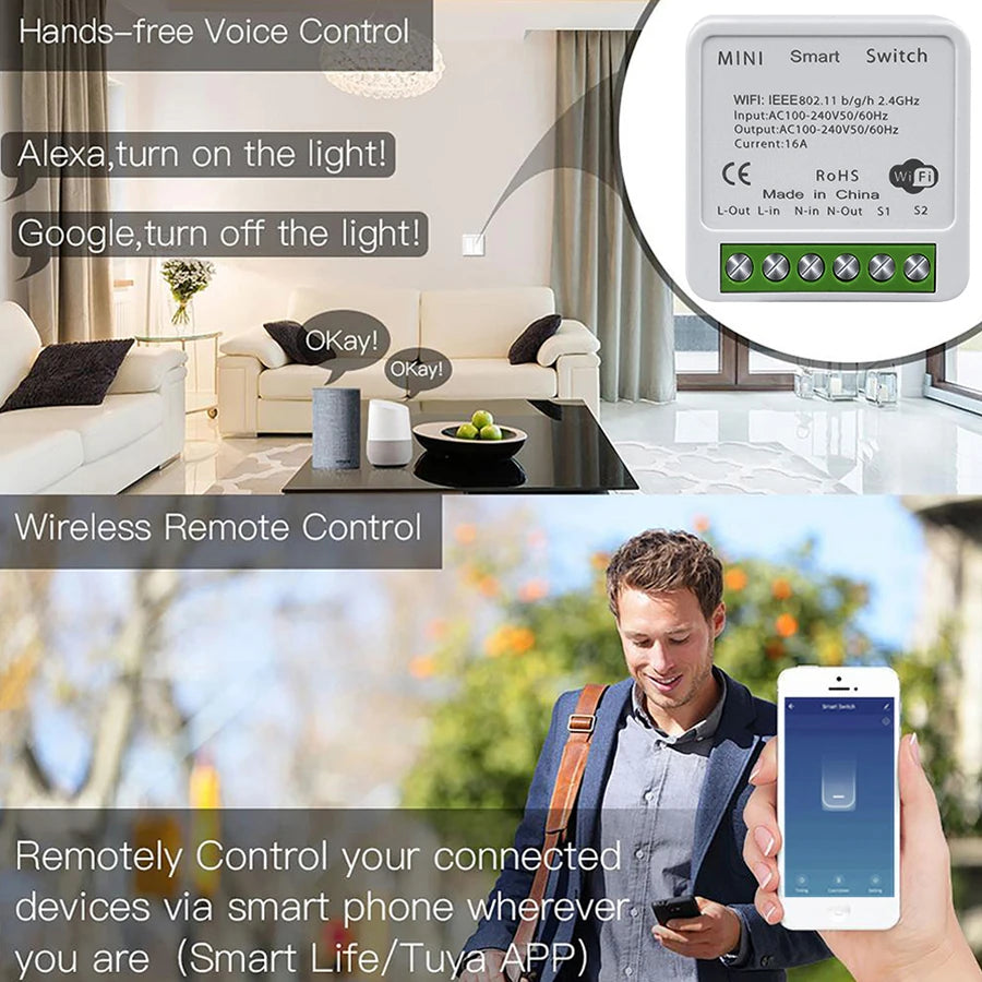 16A 20A Tuya WiFi Smart Switch 2-way Control Mini Smart Breaker Work