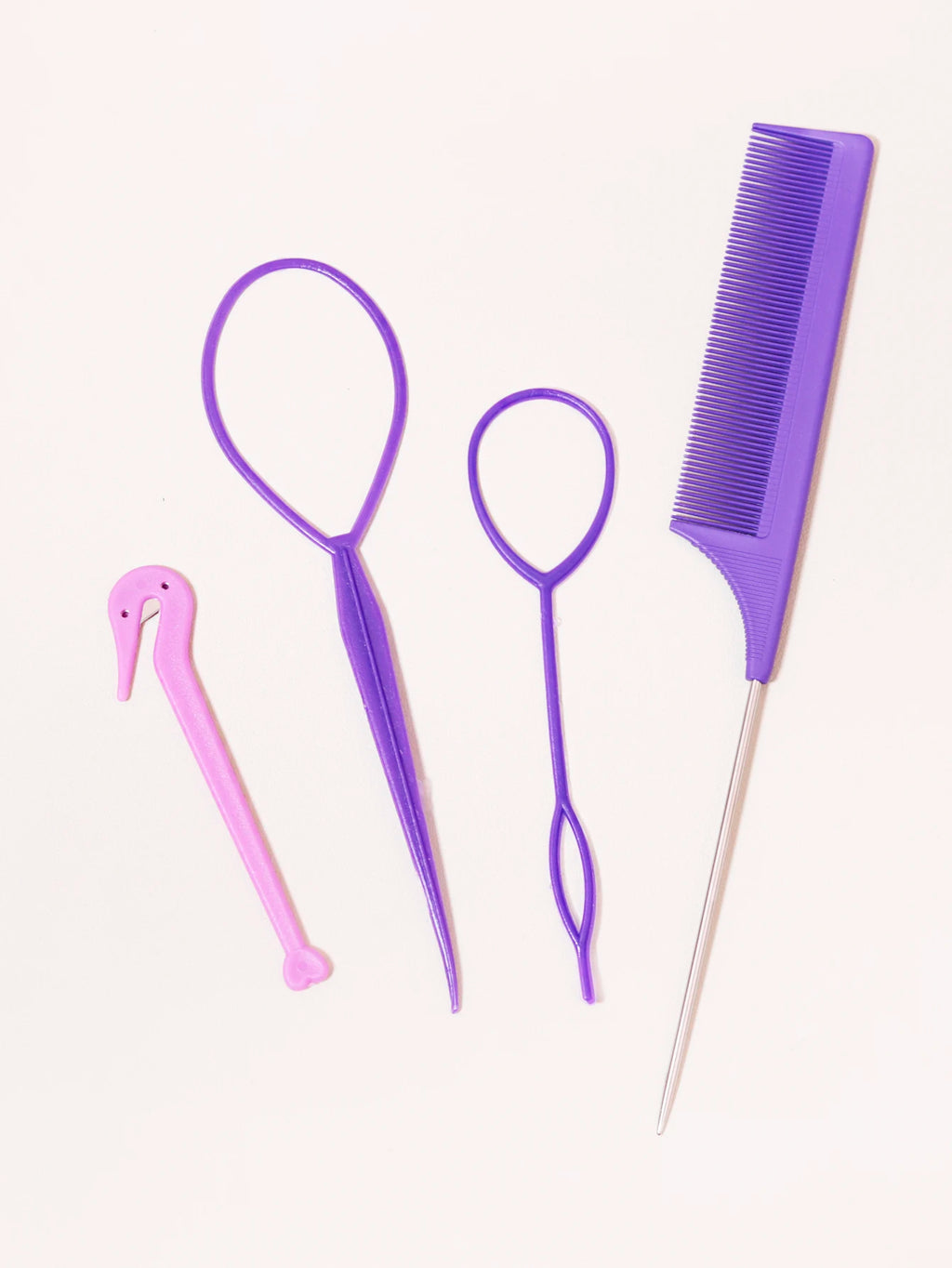 4-piece set, hair ring tool, rubber band cutter, mouse tail comb, hair