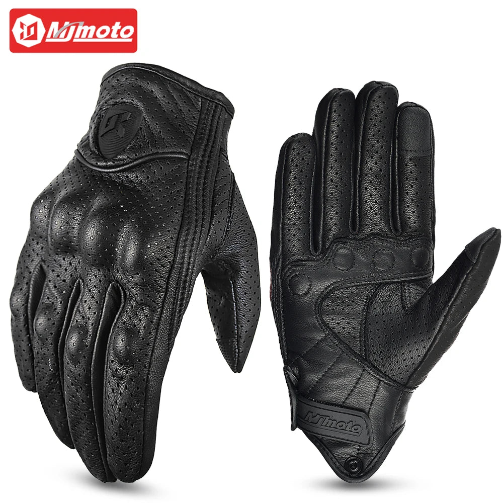 Vintage Black Leather Motorcycle Gloves Summer Men Motorbike Racing