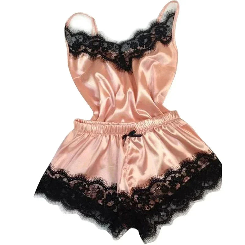 Summer Lace Silk Pajama Set for Women Sleepwear Sexy Lingerie Cami Top