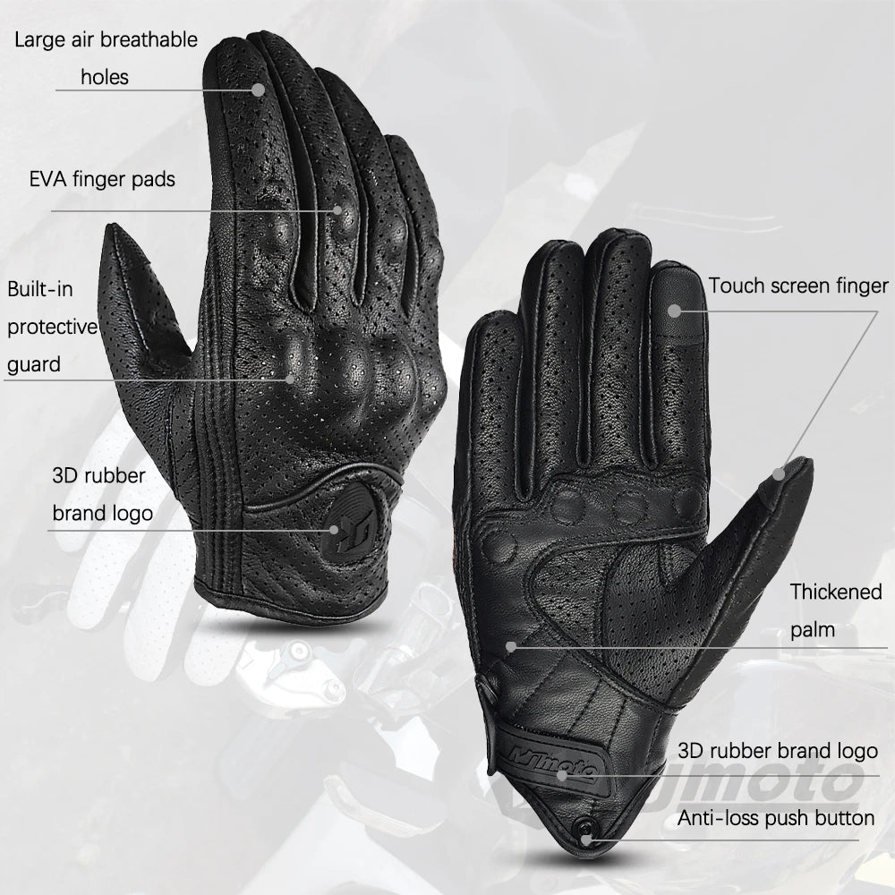 Vintage Black Leather Motorcycle Gloves Summer Men Motorbike Racing