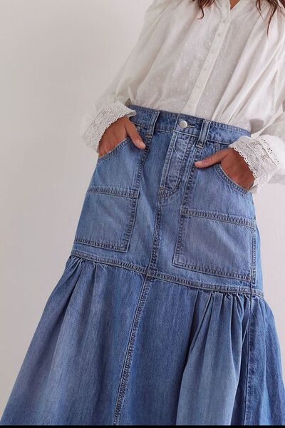 MUNSIEUR Bohemian Denim Midi Skirt - Luxury Flowy Skirt with Pockets