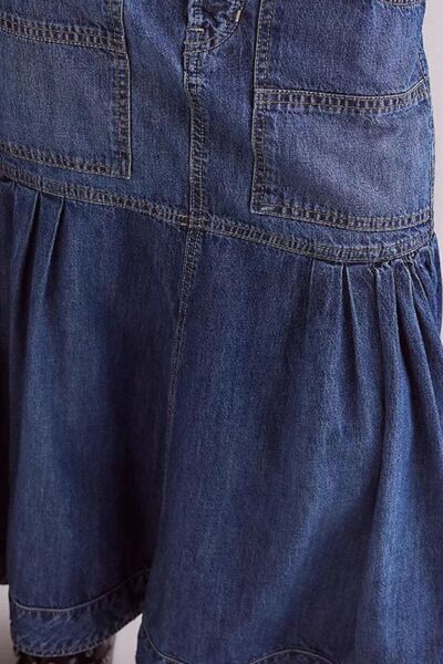 MUNSIEUR Bohemian Denim Midi Skirt - Luxury Flowy Skirt with Pockets