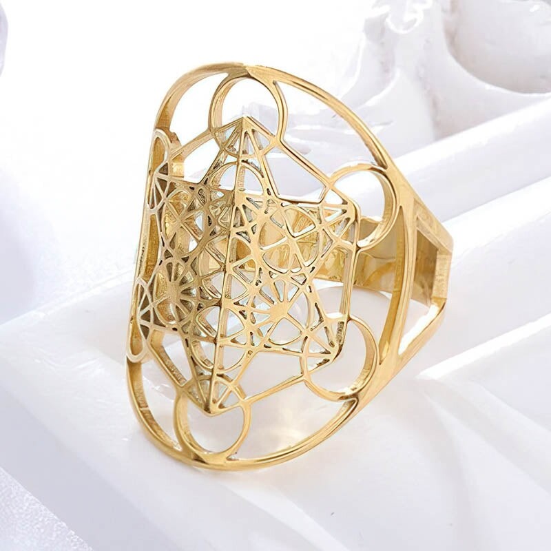 Bague acier inoxydable doré Cube de Metatron 💫