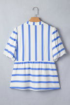 Stripe Split V-Neck Puff Sleeve Blouse