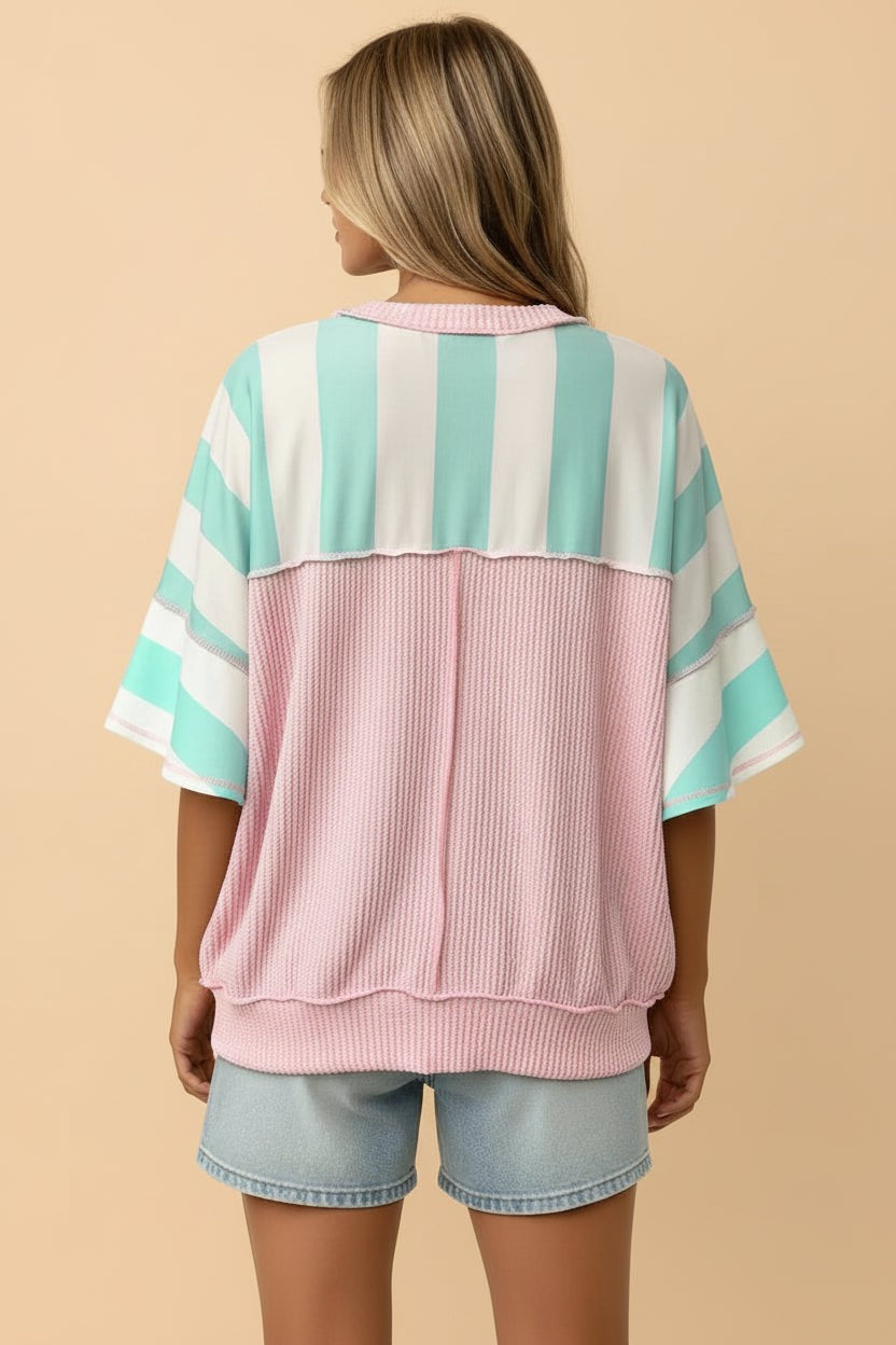 Stripe Exposed Seam Ribbed Patchwork Oversized Tee