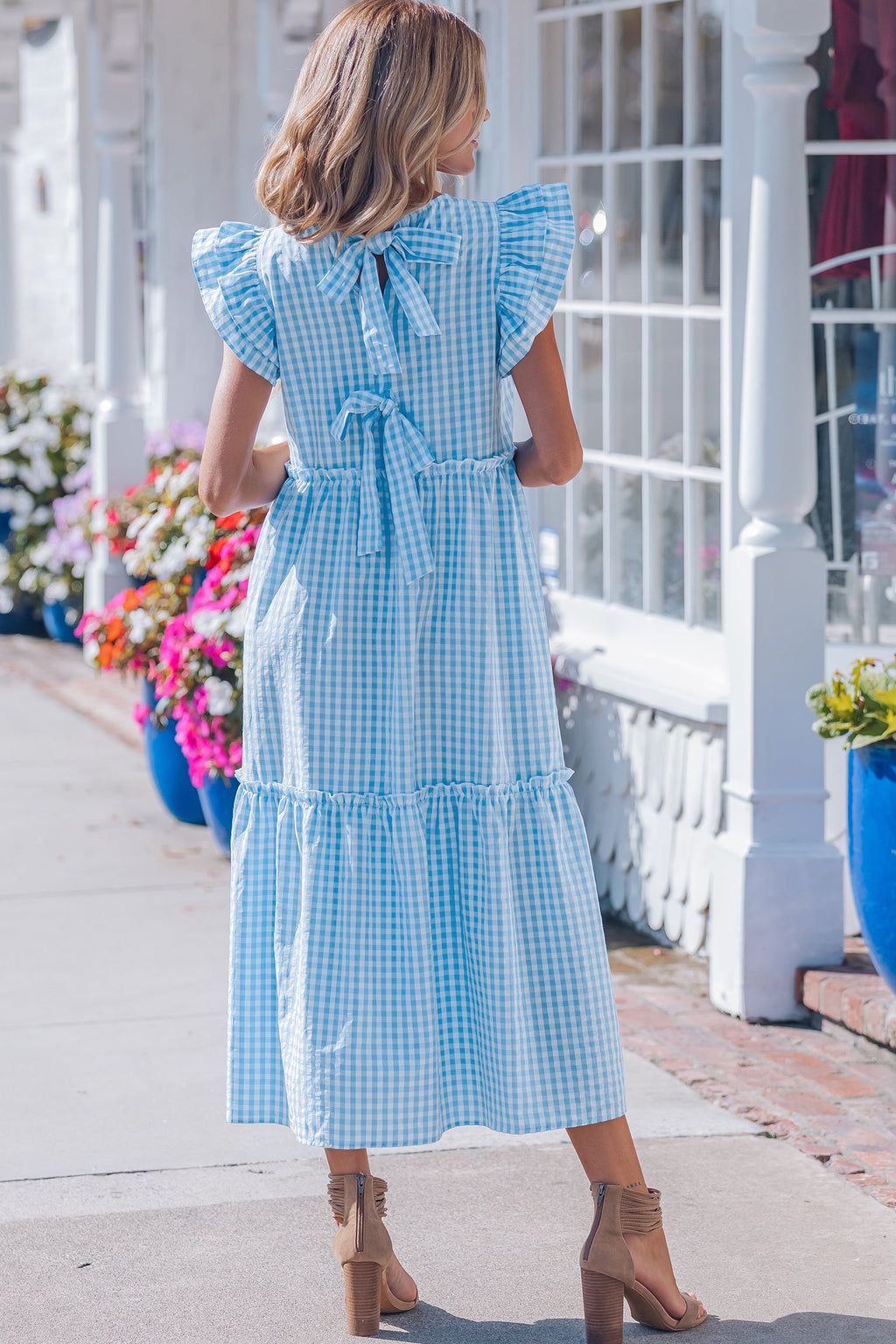 Gingham Knot Back Ruffle Short Sleeve Maxi Dress