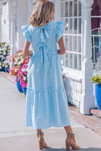 Gingham Knot Back Ruffle Short Sleeve Maxi Dress