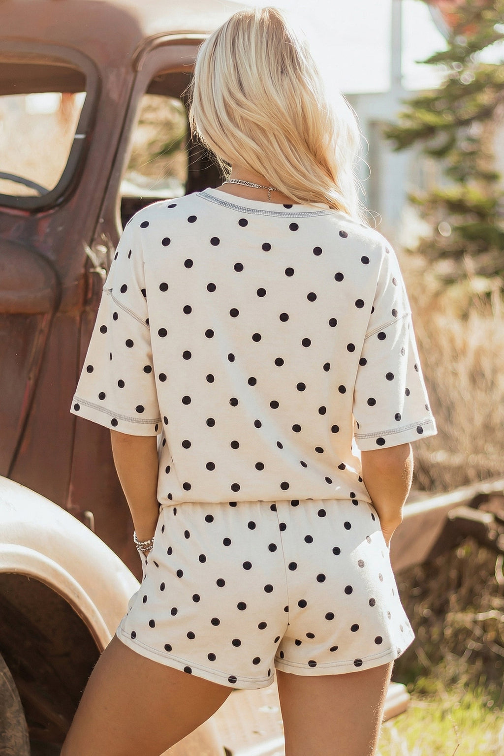 Polka Dot Loose Tee & Drawstring Shorts Set