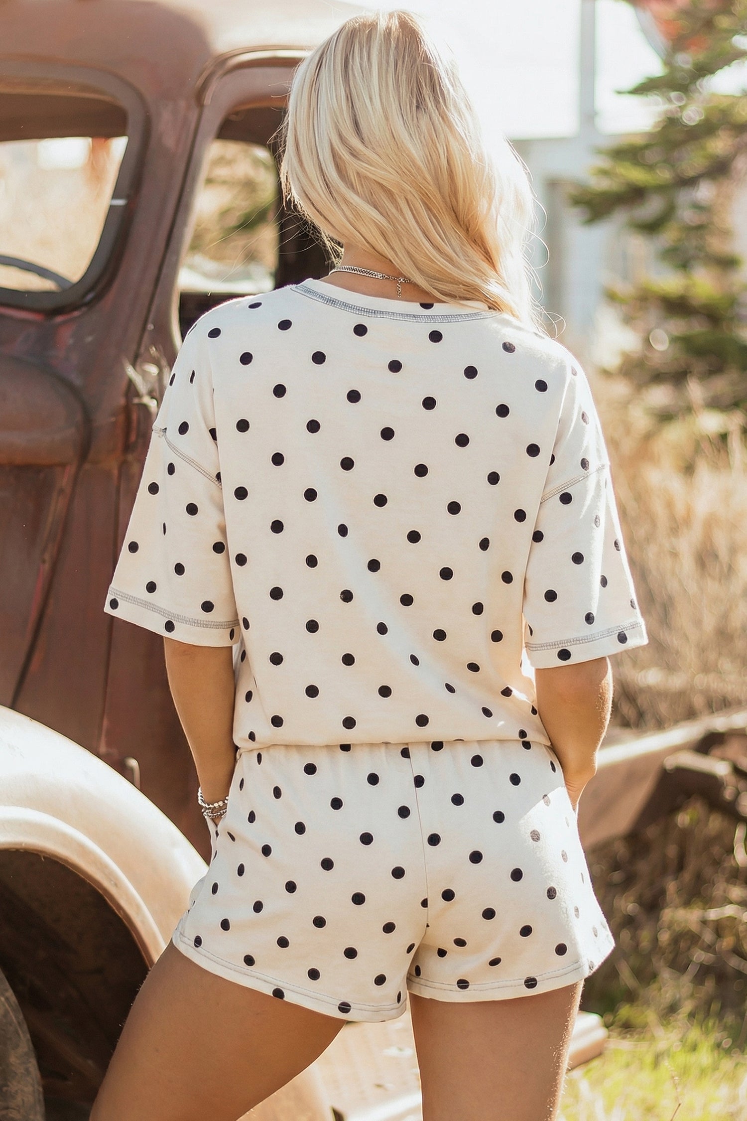 Polka Dot Loose Tee & Drawstring Shorts Set