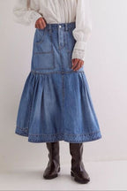 MUNSIEUR Bohemian Denim Midi Skirt - Luxury Flowy Skirt with Pockets