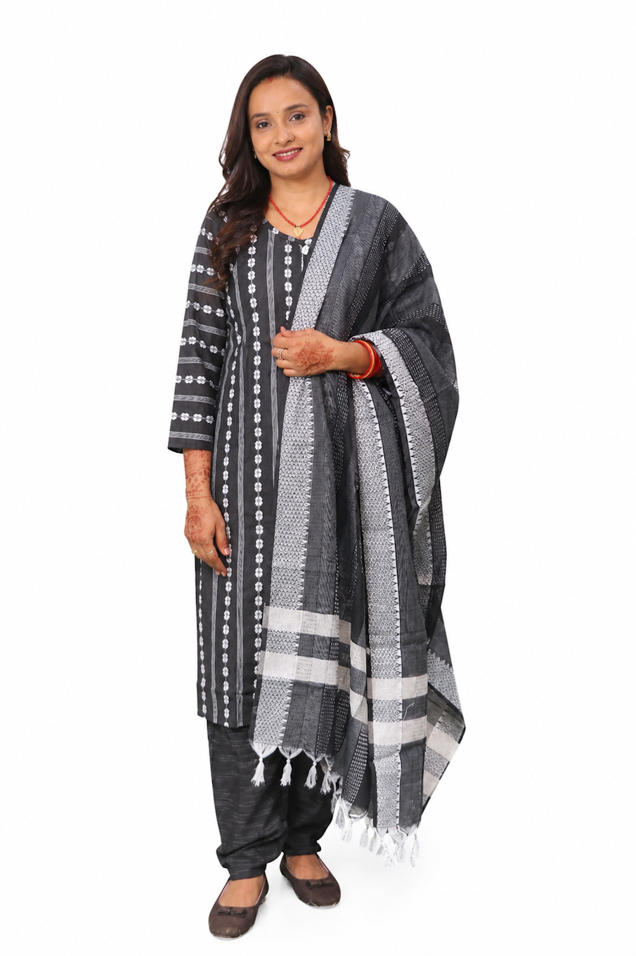 Women's Black Printed Kurta, Salwar & Dupatta Set