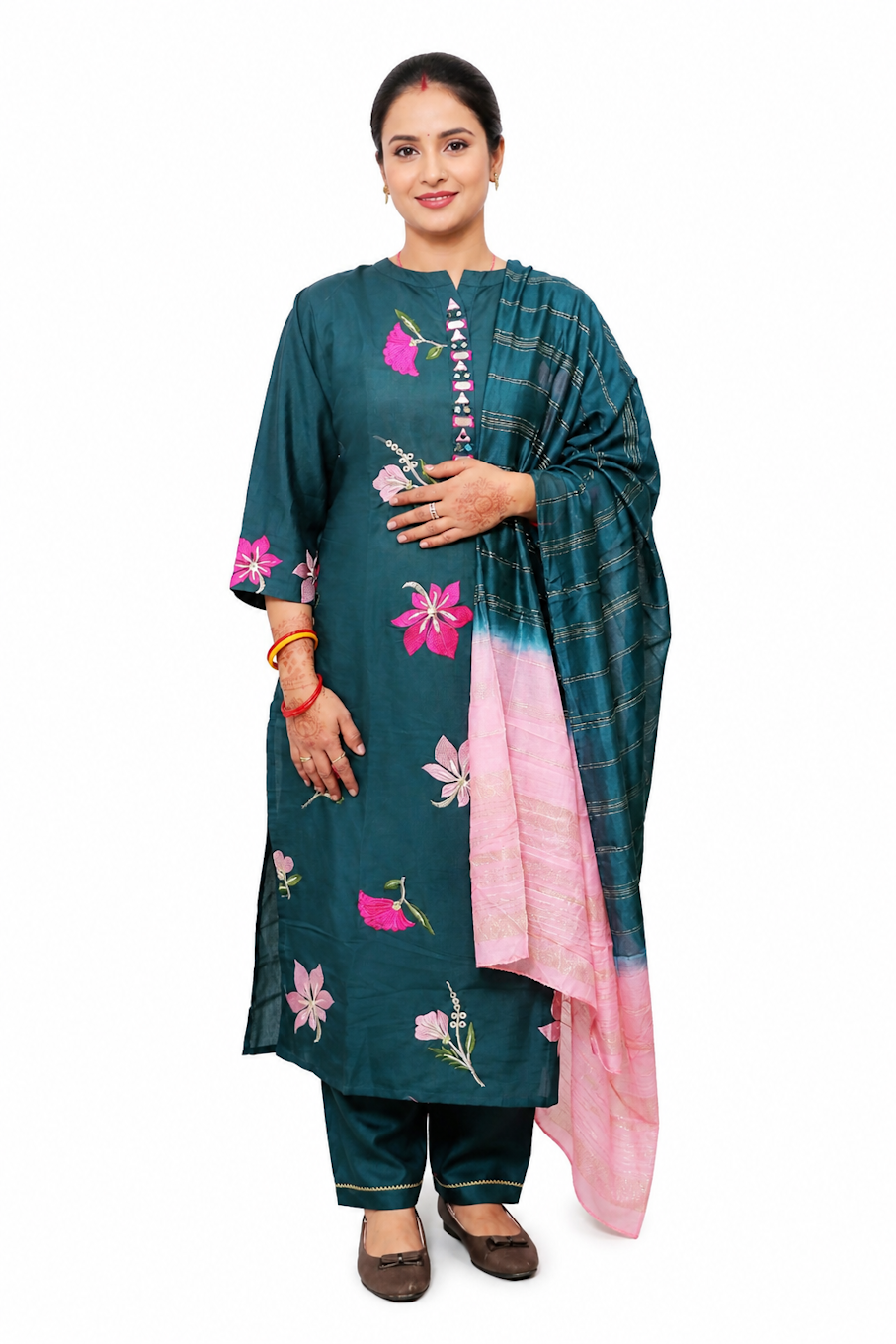 Women's Teal Floral Kurta, Pant & Dupatta Set