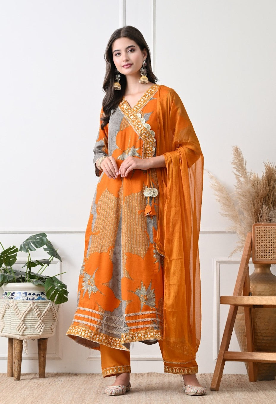 Women's Orange Printed Angrakha, Pant & Dupatta Set