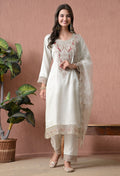 Women's White Embroidered Kurta, Pant & Dupatta Set