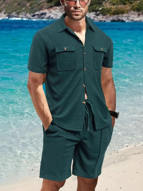 Men's Button Down Plaid Top and Shorts Set