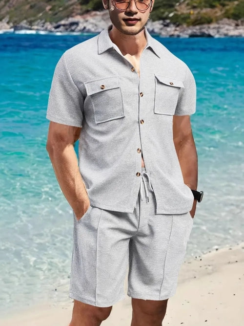Men's Button Down Plaid Top and Shorts Set