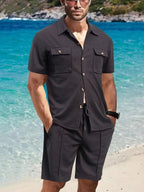 Men's Button Down Plaid Top and Shorts Set