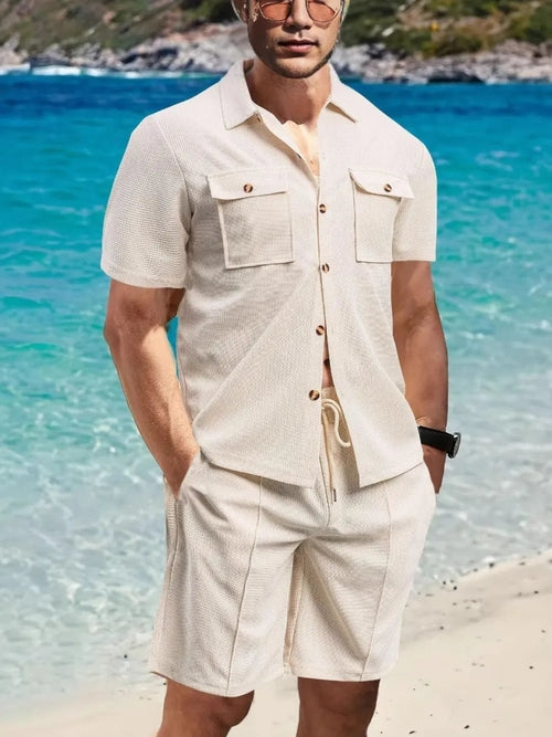 Men's Button Down Plaid Top and Shorts Set