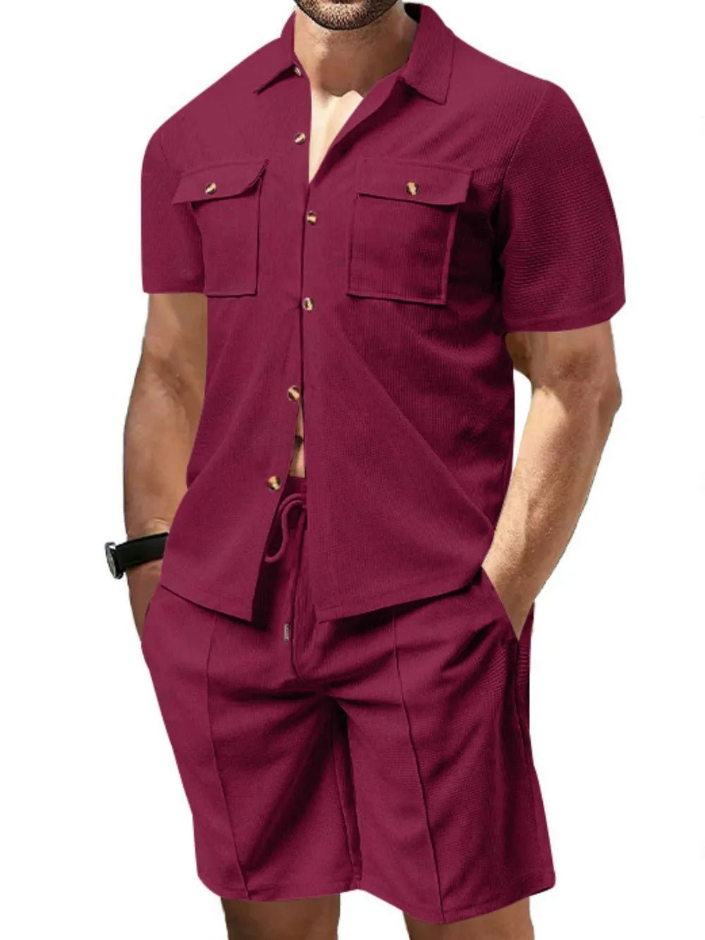 Men's Button Down Plaid Top and Shorts Set