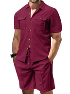 Men's Button Down Plaid Top and Shorts Set