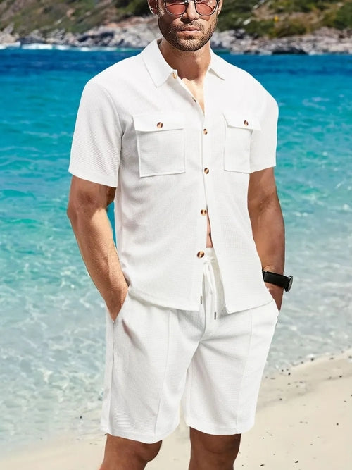 Men's Button Down Plaid Top and Shorts Set