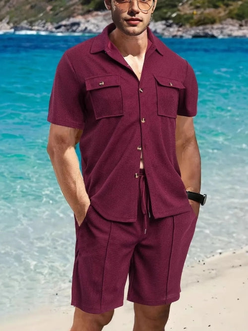 Men's Button Down Plaid Top and Shorts Set